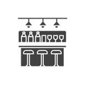 Interior of pub, cafe or bar black glyph icon. Bar counter, chairs and shelves with alcohol bottles. Pictogram for web page,