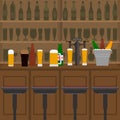 Interior of pub, cafe or bar with counter, glasses of beer, beer pump and ice pail. Inside drinking establishment.