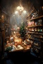 Interior of quaint christmas toyshop with old wood shelves with toys and christmas tree. Vintage style. Ai digital art
