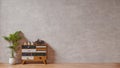 Interior with raw concrete wall ,tree and wood side table sideboard empty wall for copy space