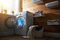 Interior of real laundry room with washing machine at window at Royalty Free Stock Photo