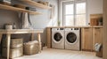 Interior of a real laundry room with a washing machine at the window at home. Generative Ai Royalty Free Stock Photo