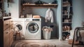 Interior of a real laundry room with a washing machine at the window at home. Generative Ai Royalty Free Stock Photo