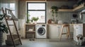 Interior of a real laundry room with a washing machine at the window at home. Generative Ai Royalty Free Stock Photo