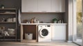 Interior of a real laundry room with a washing machine at the window at home. Generative AI Royalty Free Stock Photo