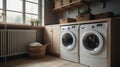 Interior of a real laundry room with a washing machine at the window at home. Generative AI Royalty Free Stock Photo