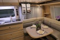 Interior of rear part of modern german camper van Fendt Bianco Activ 550 SD