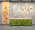 Interior with a reception desk with moss in the loft style. Decorative panels on the wall of the square wooden bars. 3d visualiza