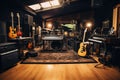 Interior of a recording studio with electric guitar sound equipment, Indoor recording studio with guitars amps and pianos, AI