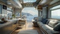 The interior of the recreational vehicle features a minimal design, blending functionality with modern elegance . AI Generate Royalty Free Stock Photo
