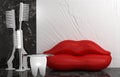 Interior with red sofa in form of female lips, coffee table in shape of a tooth and lamp in the shape of toothbrushes. Creative