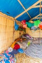 Interior of a reed house on Uros floating islands Royalty Free Stock Photo