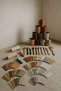 Interior renovation tools and paint sample swatches, professional construction materials setup, wall finishing textures and DIY Royalty Free Stock Photo