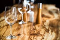 Empty wine glasses on slab table in restaurant Royalty Free Stock Photo