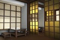 Interior of the restaurant in Japanese style. Rice paper in windows, sliding partitions 3d render, 3d illus