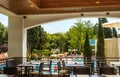 The interior of the restaurant overlooking the pool. Albena, Bulgaria