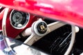 Interior of a retro car. steering wheel , instrument panel, driving controls. the worn steering wheel of an old car. classic car d