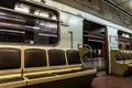 Interior retro metro train, inside view. Train stopped on the station.