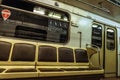 Interior retro metro train, inside view. Train on the way.
