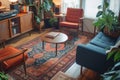 Interior of retro vintage living room with couch, armchair, wooden furniture, carpet, potted plants, home decorations Royalty Free Stock Photo