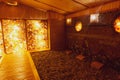 Interior of a rock salt sauna with lights and a variety of gemstones in a resort in Vietnam