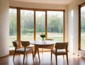 Interior roller blinds are along with large automatic solar shades on the The contemporary interior includes a wooden decorative