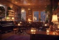 interior of a romantic cozy cafe in an old style with evening lighting, a piano, a fireplace and a view of the night city street, Royalty Free Stock Photo