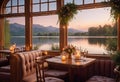 interior of a romantic cozy cafe on the terrace against the backdrop of nature, evening sunset, outdoor recreation, Royalty Free Stock Photo