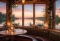 interior of a romantic cozy cafe on the terrace against the backdrop of nature, evening sunset, outdoor recreation, Royalty Free Stock Photo