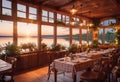 interior of a romantic cozy cafe on the terrace against the backdrop of nature, evening sunset, outdoor recreation, Royalty Free Stock Photo