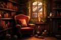 Interior of a room with an armchair and bookshelf, Escape to a bookworm\'s paradise with a cozy reading corner, complete Royalty Free Stock Photo