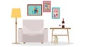 Interior room with armchair, floor lamp, coffee table and a bottle of wine. Vector illustration