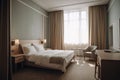 Interior of room with big comfortable bed. Modern minimalistic design Royalty Free Stock Photo