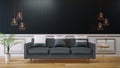 BLACK modern room interior, White sofa and on wood floor with black solid wood wall , 3d render Royalty Free Stock Photo