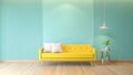 Blue room interior, yellow sofa with white lamp on wood flooring and light blue wall, 3d render