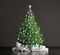 Interior of a room with christmas tree over black wall 3d render Royalty Free Stock Photo