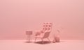 Interior of the room in plain monochrome light pink color with single chair, floor lamp and decorative vases. Light background