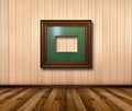 Interior of room with striped wallpaper and gold wooden frames