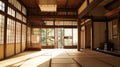 Interior of room with traditional Japanese symbols on doors. Ai Generative Royalty Free Stock Photo