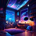 Interior of the room with a view of the planet. Vector illustration AI generated