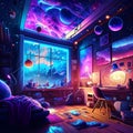 Interior of the room with a view of the planet. Vector illustration generative AI