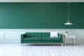 Vintage green room ,Minimalist interior , green sofa with table and lamp on green wall and white wood flooring , 3d render Royalty Free Stock Photo