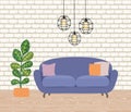 The interior of the room with a yellow sofa, lamps and a houseplant. Wooden floor and wall