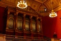 Interior of Rudolfinum Concert Hall. Equipment of the Orchestra in philharmonia, Prague, 20.11.2019