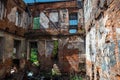 Interior of ruined, abandoned apartment residential building after earthquake or war