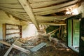 Interior Of Ruined Abandoned Country House With Caved Roof, Evacuation Zone After Chernobyl Disaster