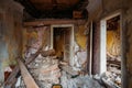 Interior of the ruined collapsed abandoned house Royalty Free Stock Photo