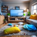 Interior of a rundown home living room with scattered belongings.