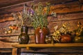 Interior of Russian log hut with elements of the old way of li Royalty Free Stock Photo