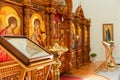 Interior of the Russian Orthodox Slavic Christian Church. Traditional candle holders, altar. Royalty Free Stock Photo